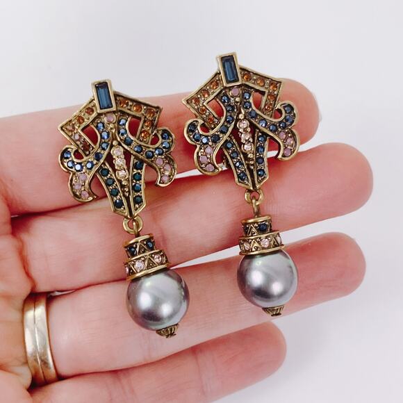 Signed Heidi Daus Gold Tone Crystal Pearl Drop Clip On Earrings VTG Swarovski? - Picture 5 of 17